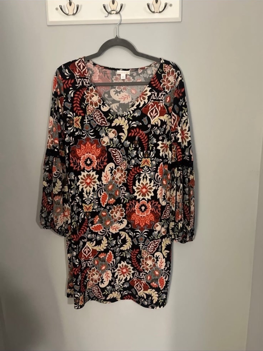 Westport Black Floral V-Neck Bell Sleeve Dress with Coral & Cream
